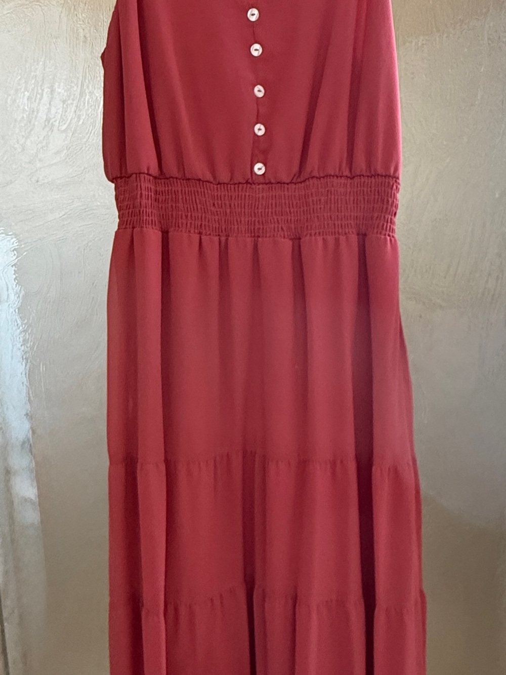 Smocked Waist Red Maxi Dress with Button-Front Detail